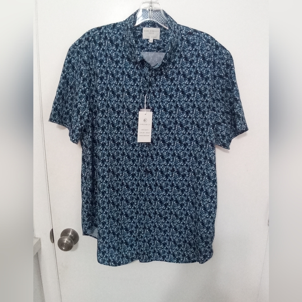 CON.STRUCT MEN'S BUTTON DOWN FLORAL CHECK TEAL 4 WAY STRETCH SHORT SLEEVE SHIRT